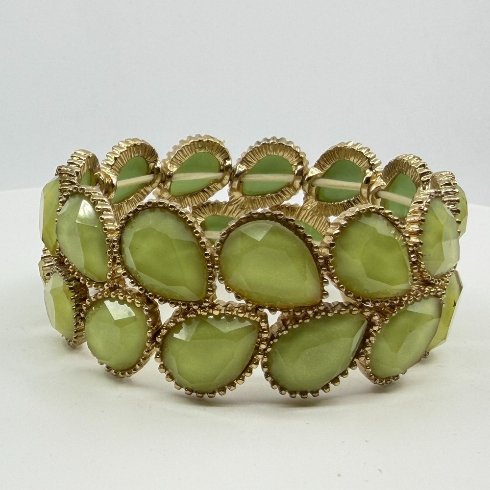 Statement Light Green Teardrop Crystal Gold Tone Stretch Bracelet Boho Chic Gift